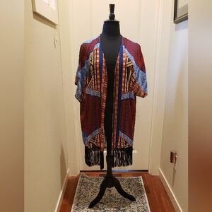 NY Collection Womens Multicolor Fringe Open Front Kimono